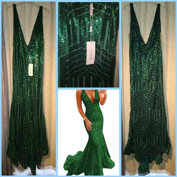 Sparkly Sequin Prom Dresses for Women Deep V Neck Mermaid Dress - Picture 1 of 2